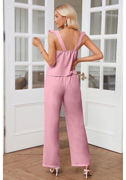 Cameo Pink Women's 2 Piece Sets Flowy Square Neck Top Wide Leg Pants Vacation Two Piece Outfits