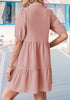 Powder Pink Flowy Dresses for Women Babydoll Shirt Dress Business Casual Work Modest Puff Sleeve Short Dress