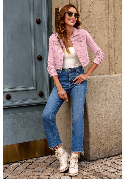 Pink Women's Basic Long Sleeves Fitted Denim Cropped Jacket