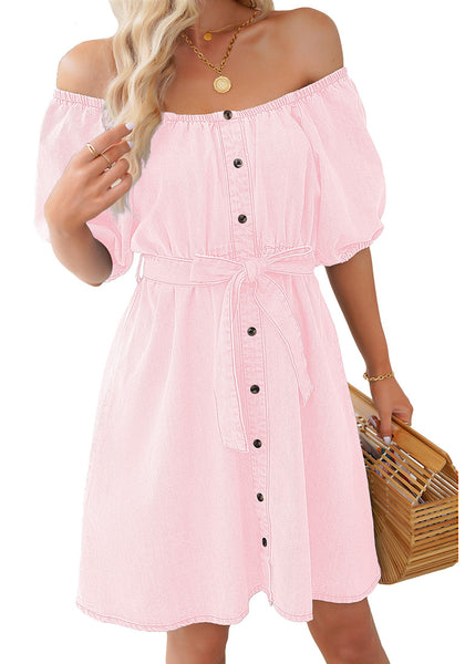 Heavenly Pink Women's Off the Shoulder Puff Sleeve A-Line Denim Dress with Belt