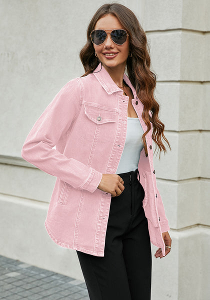 Blush Pink Women‘s Denim Oversized Button Down Long Sleeve Pocket Jacket