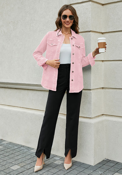 Blush Pink Women‘s Denim Oversized Button Down Long Sleeve Pocket Jacket