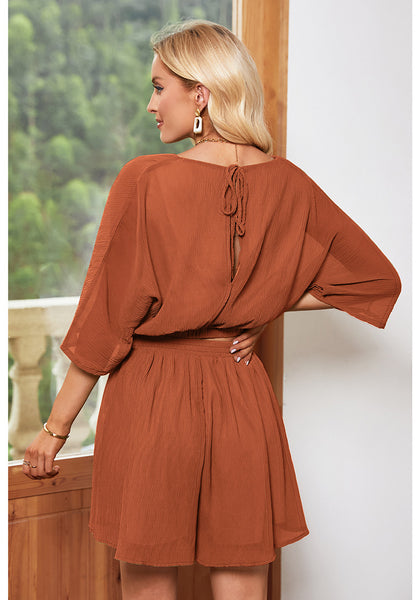 Rust Women's 2 Piece Outfit Textured Crop Tops Elastic Waist Flowy Shorts