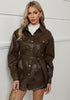 Chocolate Brown Women's Long Sleeve Faux Fur Belted Biker Moto Coat Leather