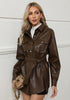 Chocolate Brown Women's Long Sleeve Faux Fur Belted Biker Moto Coat Leather