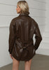 Chocolate Brown Women's Long Sleeve Faux Fur Belted Biker Moto Coat Leather
