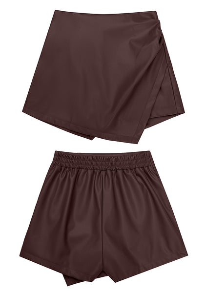 Chocolate Brown Women's High Waisted Faux Leather Skorts Elastic Waist Curvy Shorts