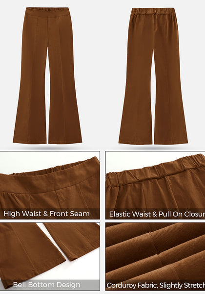 Cappuccino Brown Women's Bell Bottom Corduroy Flare High Waisted Front Seam Slacks