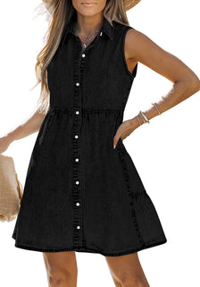 Vintage Black Denim Dress for Women Sleeveless Babydoll Button Down Sh –  Lookbook Store