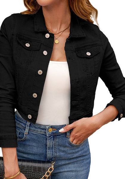 True Black Women's Basic Long Sleeves Fitted Denim Cropped Jacket