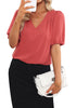 Cranberry Women's Puff Sleeve V-Neck Blouses Business Casual Work Tops