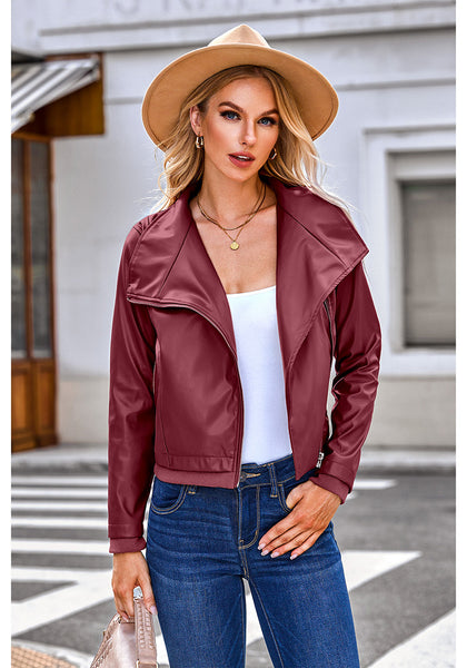 Wine Red Women's Faux Leather Long Sleeve Motorcycle Biker Warm Jacket
