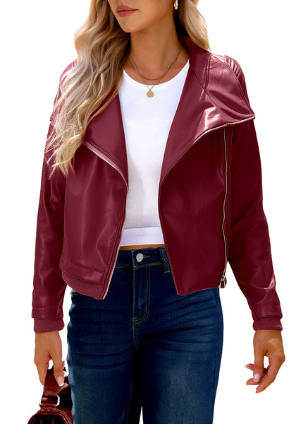 Wine Red Women's Faux Leather Long Sleeve Motorcycle Biker Warm Jacket