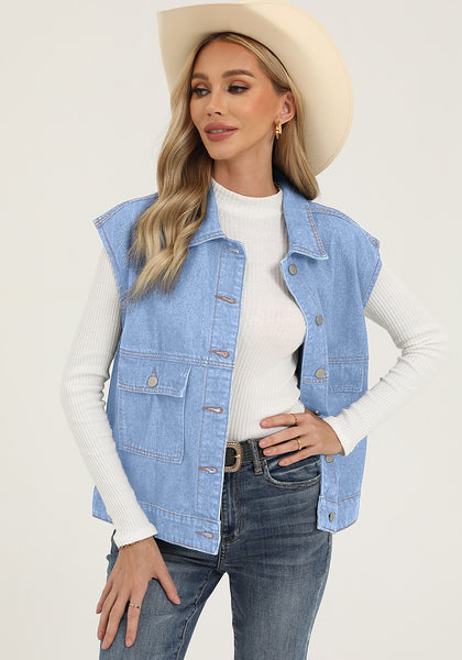 Indigo Ice Blue Women's Casual Oversized Button Down Sleeveless Jean Jacket with Pockets