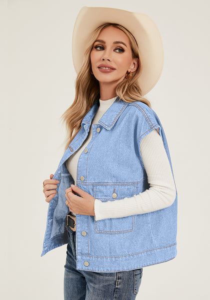 Indigo Ice Blue Women's Casual Oversized Button Down Sleeveless Jean Jacket with Pockets