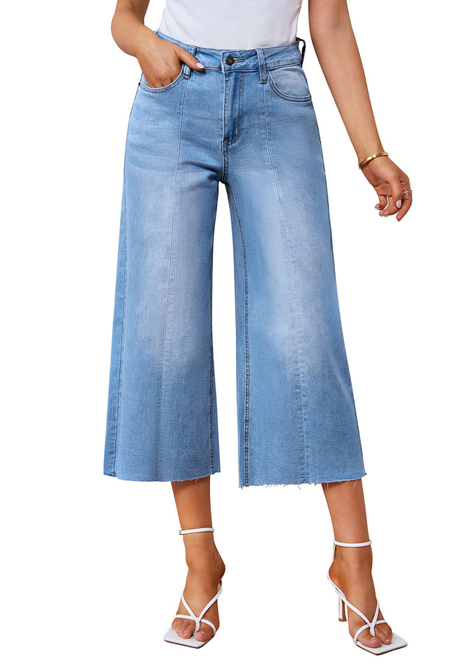 Cool Blue Women's High Waisted Denim Capri Pants Seamed Front Raw Hem –  Lookbook Store