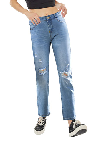 Cool Blue Women's High Waisted Straight Leg Distressed Denim Pants 90s Style