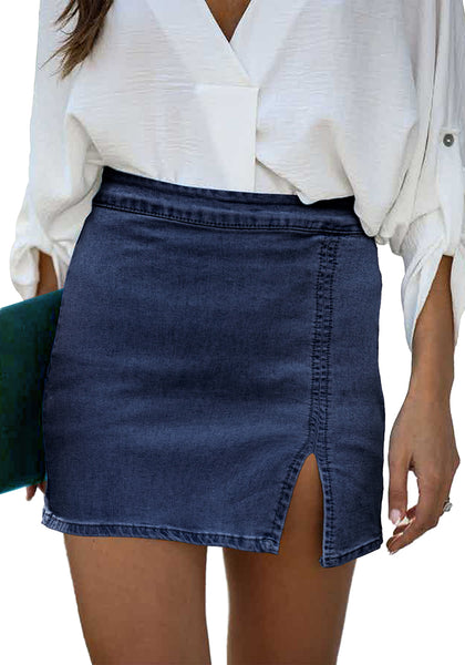 Darkness Blue Women's Brief Pencil High Waist Bodycon Denim Mini Slit Skirts