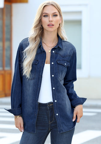 Coogee blue Women's Trendy Long Denim Jackets Oversized Shackets with Pockets