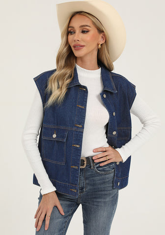 Darkness Blue Women's Casual Oversized Button Down Sleeveless Jean Jacket with Pockets