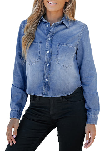 Classic Blue Women's Brief Button Down Lightweight Denim Shirt Jacket Y2K Jean Blouse