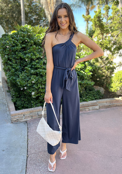 Dark Blue Comfy Sleeveless Belted Jumpsuits & Long Rompers for Women