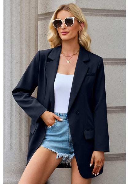 Navy Blue Women's Casual Long Suit Jacket Belted Fashion Office Blazer Outfit