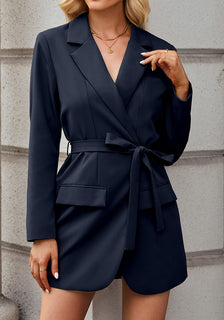 Black Women's Casual Long Suit Jacket Belted Fashion Office Blazer Out –  Lookbook Store