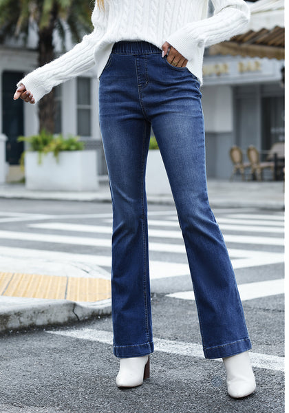 Darkness Blue Women's Stretchy Bootcut Denim Pants High Waisted Flare Pants