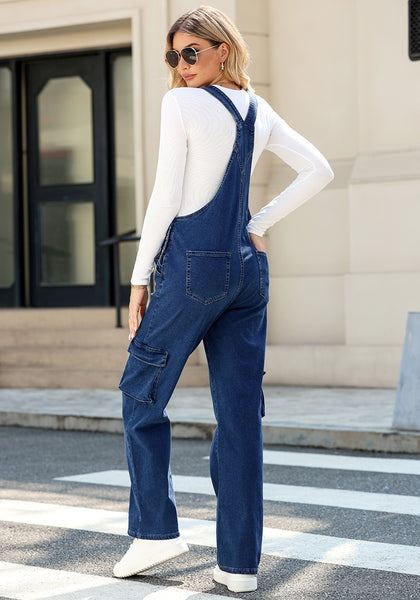 Dark Blue Women's Casual Adjustable Strap Wide Leg Jumpsuit with Pocket Jeans Trouser