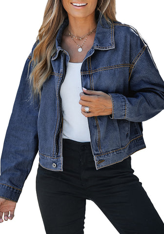 Moon Stone Blue Women's Brief Relaxed Trucker Croped Zip Up Denim Jackets with Pockets