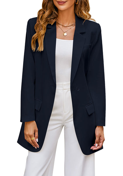 Navy Blue Women's Casual Long Suit Jacket Belted Fashion Office Blazer Outfit