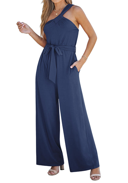Dark Blue Comfy Sleeveless Belted Jumpsuits & Long Rompers for Women