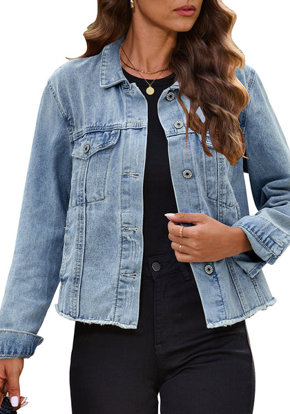 Wishful Blue - Snow Wash Women's Denim Frayed Hem Button Up Distressed Jackets