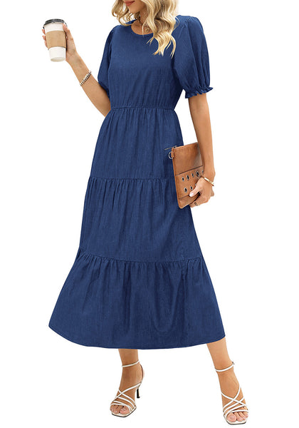 Cobalt Night Blue Women's A-Line Elastic Waist Midi Dresses Puff Sleeve Denim Dress