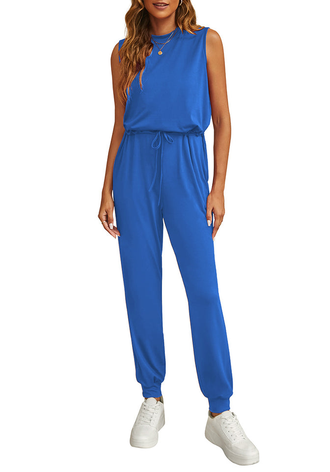 Classic Blue Women's Sleeveless Drawstring Jumpsuit with Stretchy