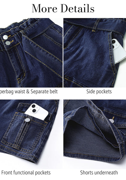 Dark Blue Women's High Waisted Denim Jean Skorts With Pocket Elastic PaperBag Waist Skorts