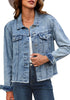 Wishful Blue - Snow Wash Women's Denim Frayed Hem Button Up Distressed Jackets