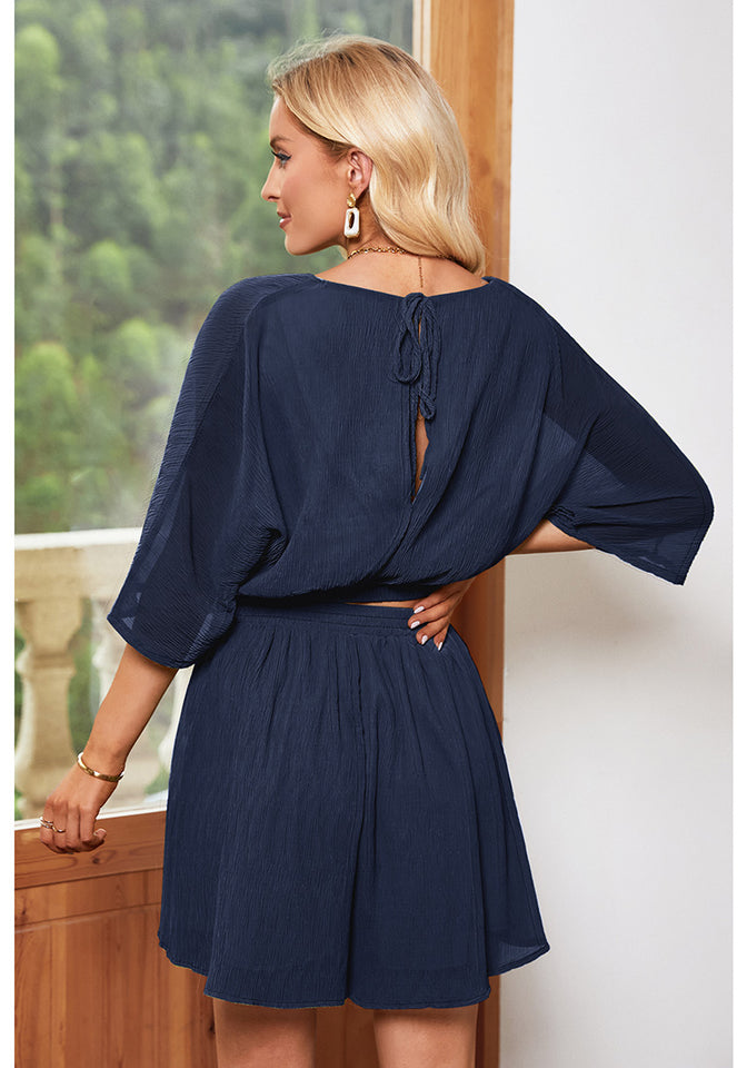 Navy Blue Women's 2 Piece Outfit Textured Crop Tops Elastic Waist Flow Lookbook Store Navy Blue Women's 2 Piece Outfit Textured Crop Tops Elastic Waist Flow Lookbook Store