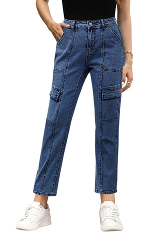 Wishful Blue Cargo High Waisted Straight Leg Stretchy Distressed Denim Pants for Women