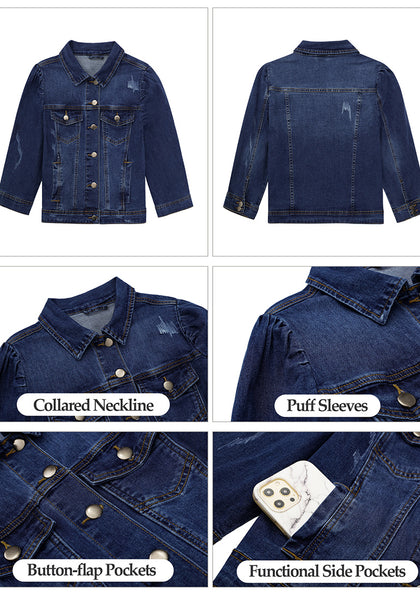 Lapis Loft Women's Brief Vintage Distressed Stretchy Puff Sleeve Denim Jackets