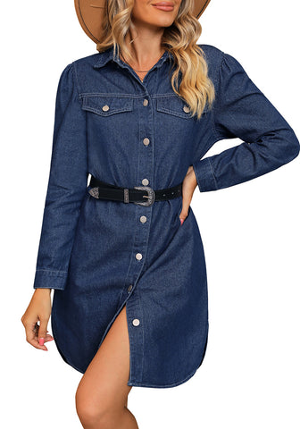 Twilight Blue Women's Brief Work Denim Button Down Dress with Long Sleeves and Pocket
