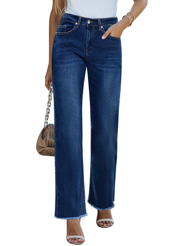 Dark Blue Women's Straight Leg Pull On Denim Pant High Waisted Stretch