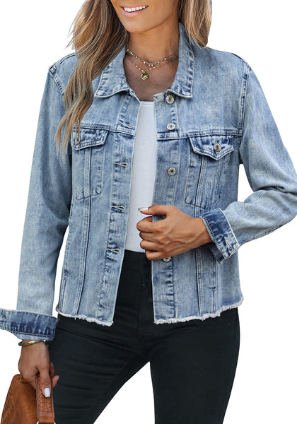 Wishful Blue - Snow Wash Women's Denim Frayed Hem Button Up Distressed Jackets