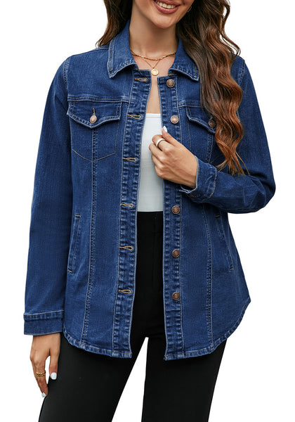 Nightfall Blue Women‘s Denim Oversized Button Down Long Sleeve Pocket Jacket