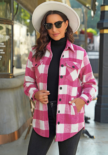 Hot Pink Plaid Long Sleeves Button Down Jacket