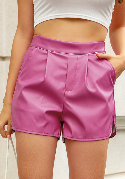 Hot Pink Women’s Faux Leather Shorts PU Leather Relaxed Fit Ultra High Rise Elastic Shorts