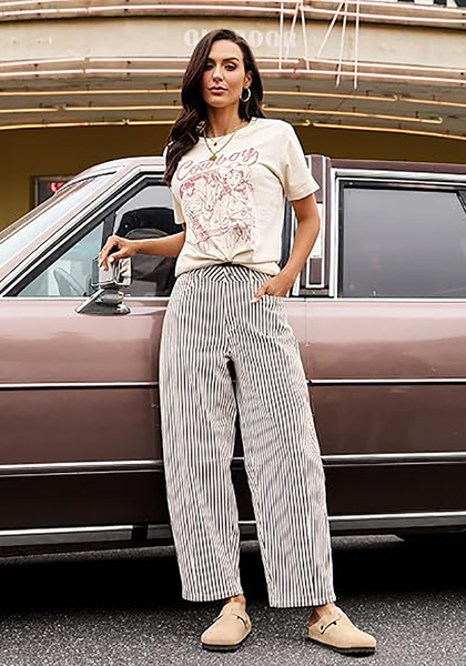 LookbookStore Women's Brown Trendy Barrel Jeans Baggy Wide Leg Pinstripe High Waisted Cropped Stretchy Denim Pants