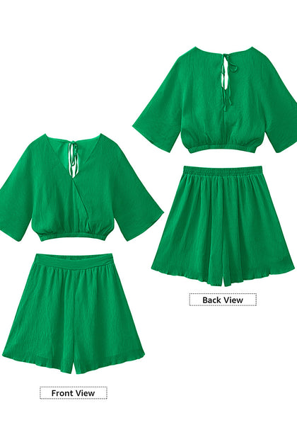 Kelly Green Women's 2 Piece Outfit Textured Crop Tops Elastic Waist Flowy Shorts