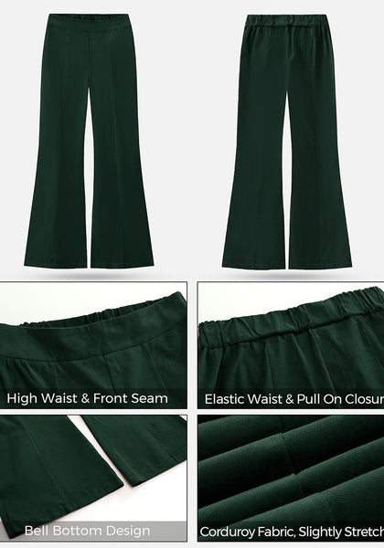 Dark Green Women's Bell Bottom Corduroy Flare High Waisted Front Seam Slacks